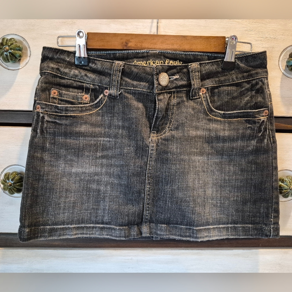 American Eagle Faded Black Denim Mini Skirt